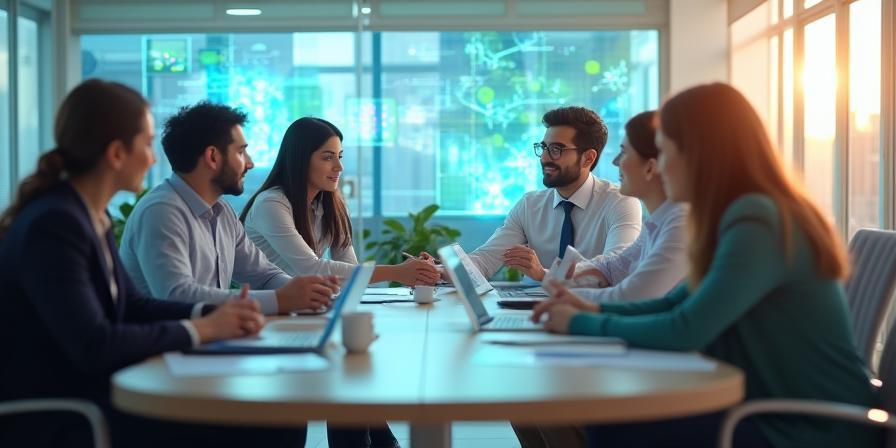 Team of professionals collaborating on digital network strategy in Dubai office