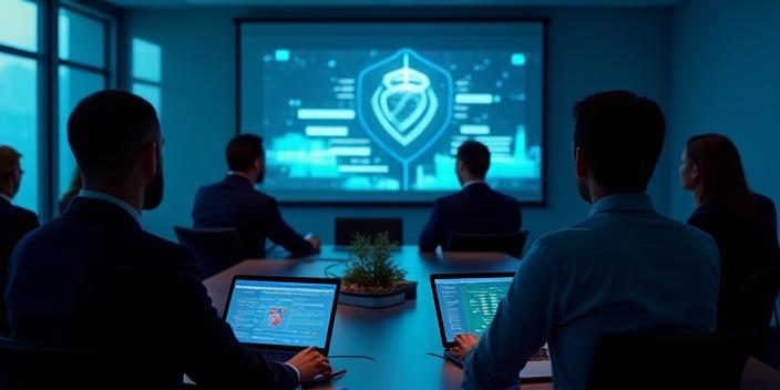 Businesspeople at cybersecurity workshop event