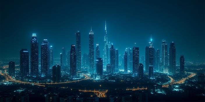 Dubai smart city skyline with IoT digital overlay