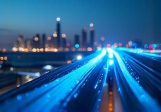 Fiber optic cables and Dubai skyline, representing broadband connectivity