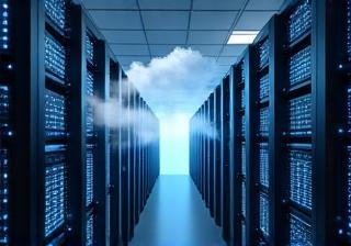 Server racks and cloud overlay to illustrate cloud hosting in Dubai
