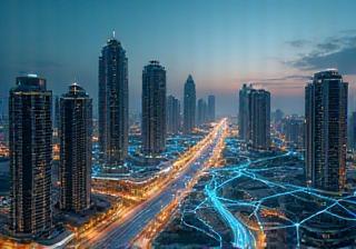 Dubai office and cityscape with network lines design